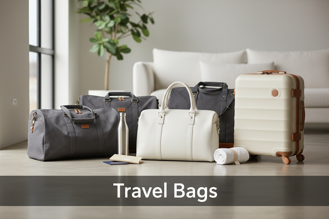 Carry-on travel bag beside suitcase at airport Stylish duffle bag packed for weekend trip