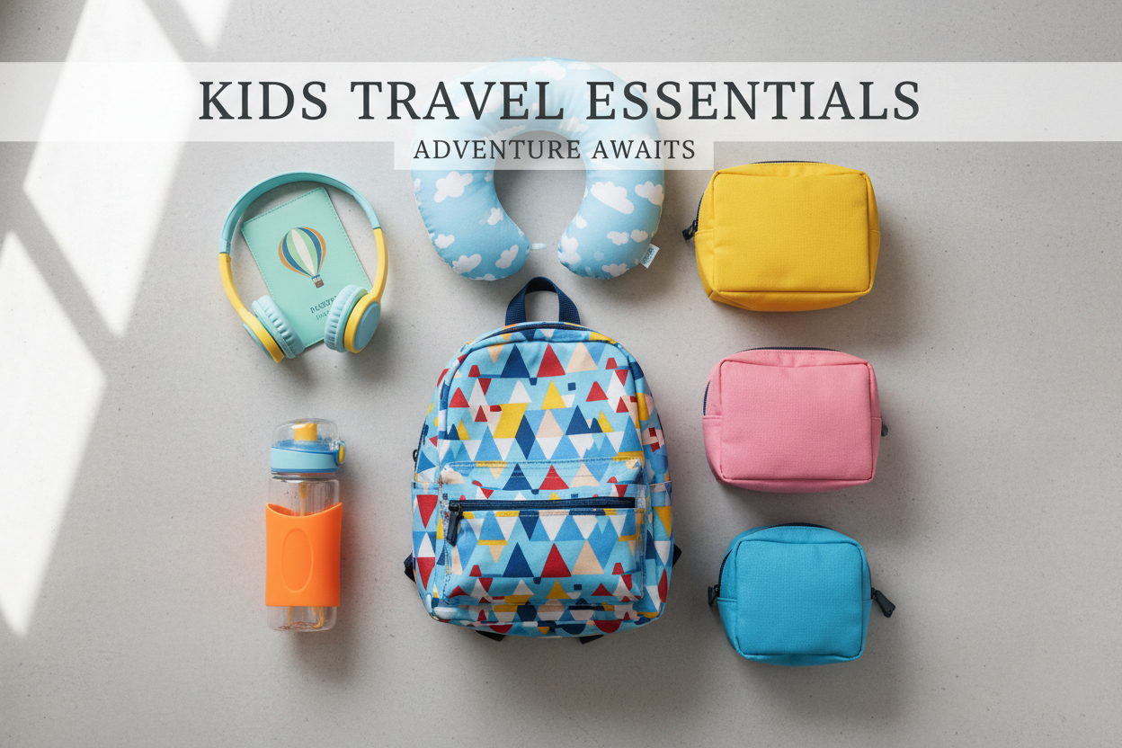 Kids travel essentials collection image with happy children using organised travel trays toys snacks and accessories on airplane and car seats for stress free family travel