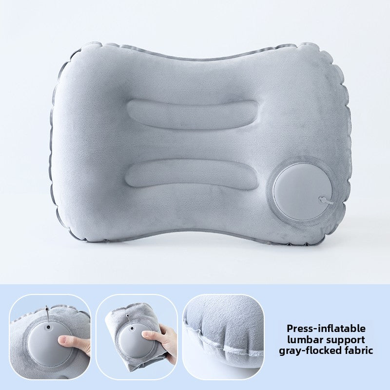 Gray inflatable pillow with press-inflatable design on a light blue background