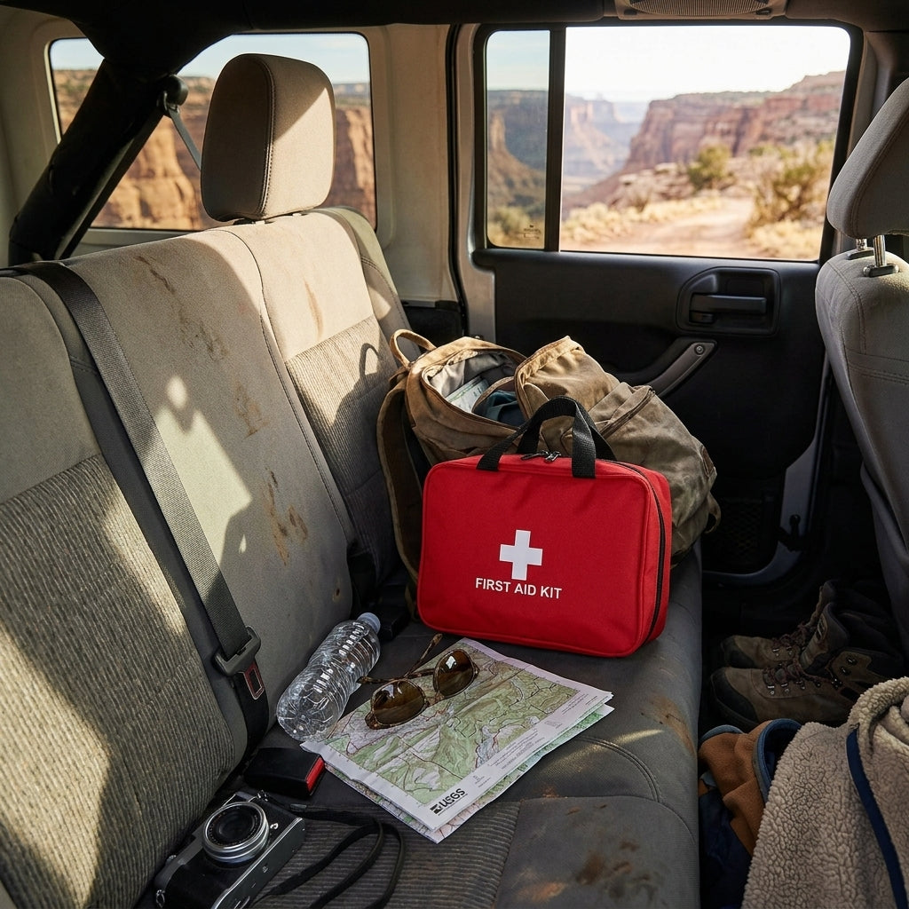 Portable first aid kit bag on the back seat of a car during a road trip