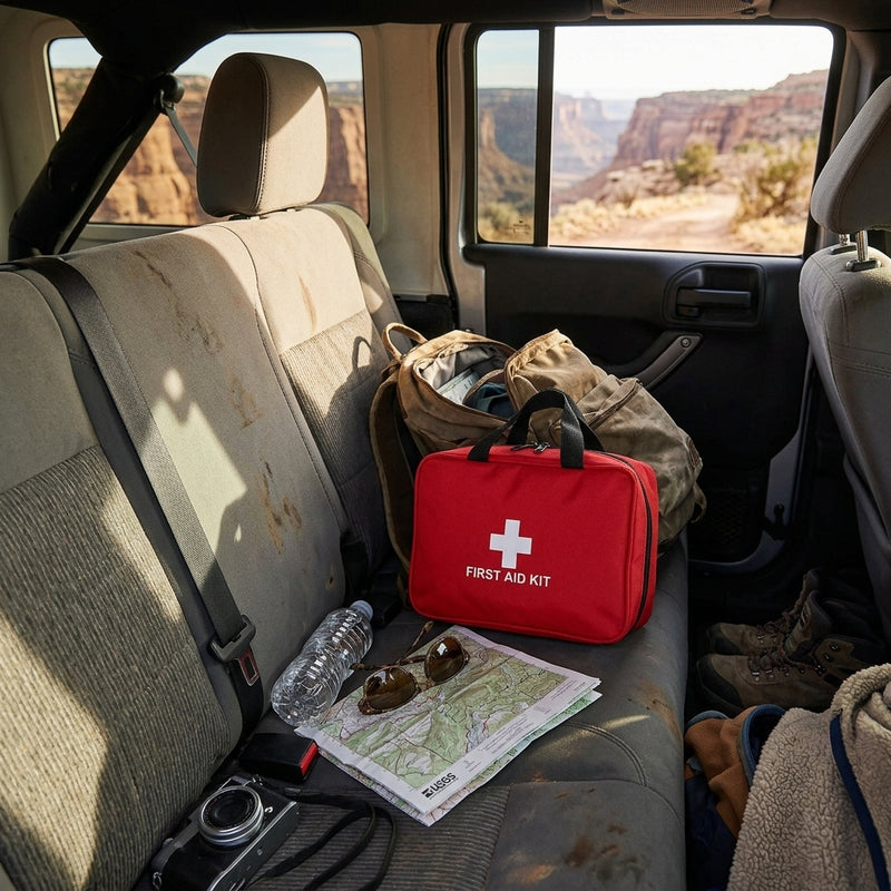 Portable first aid kit bag on the back seat of a car during a road trip