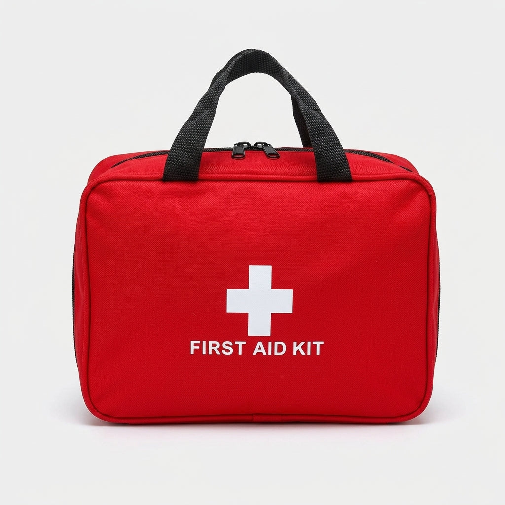 184-piece portable first aid kit in a red travel bag with carry handles