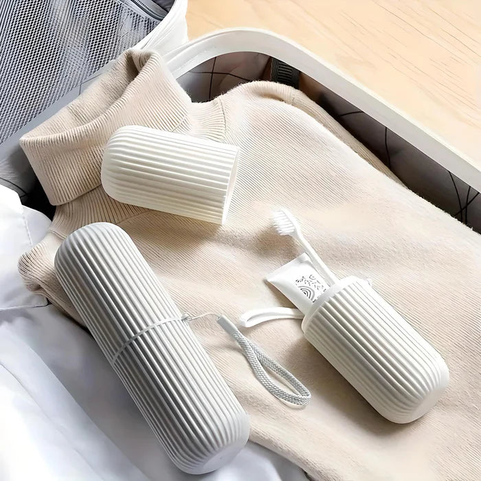 Trip Topp Travel Dental Storage Case — lifestyle image on bathroom shelf