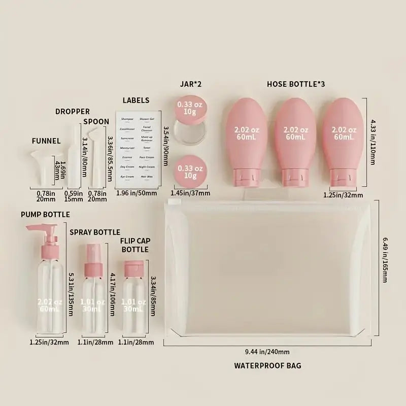Set of pink cosmetic bottles with measurements and labels on a beige background Mini travel bottle kit for shampoo lotions and creams