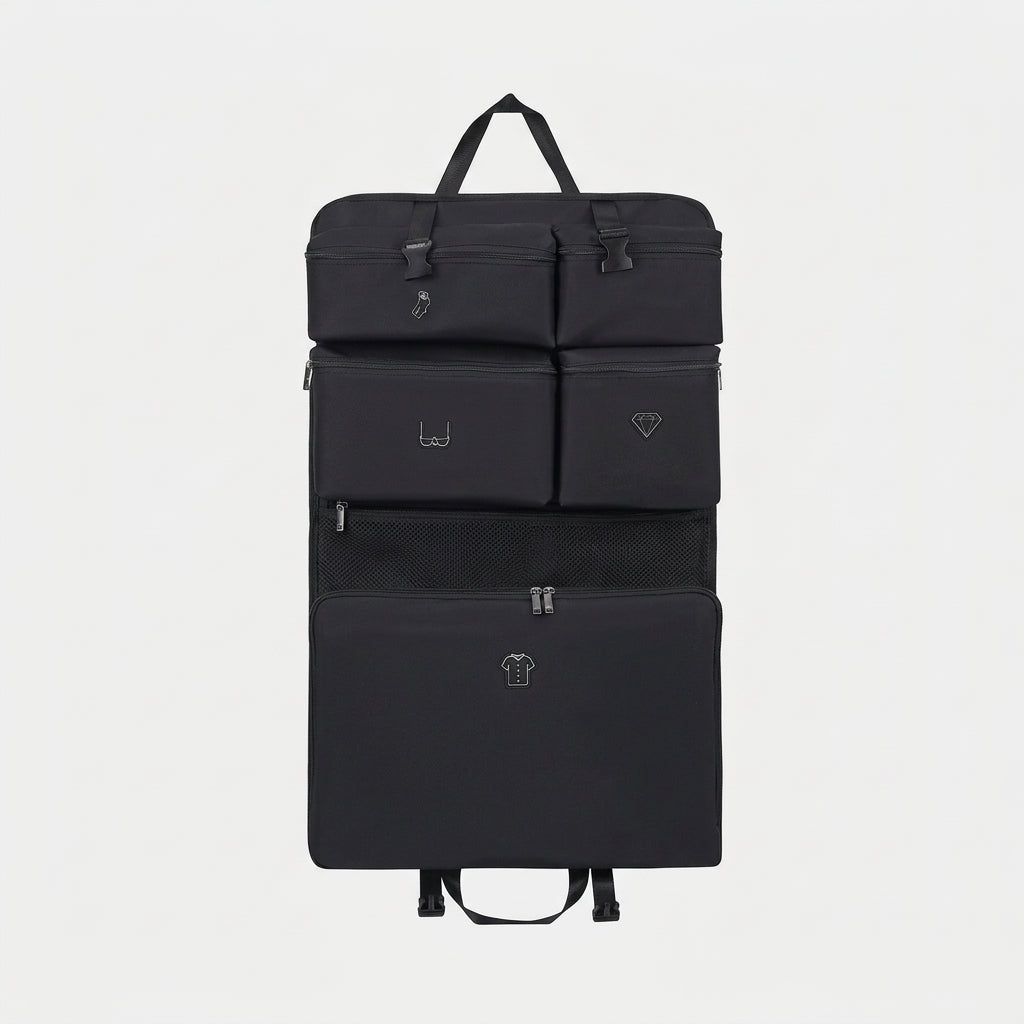 Black 7-piece hanging clothing organiser bag for travel with zip compartments