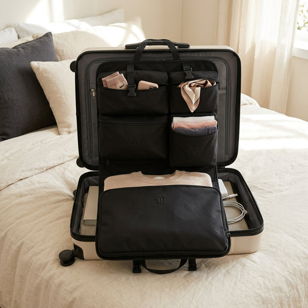 7-piece clothing organiser bags packed inside an open suitcase on a bed