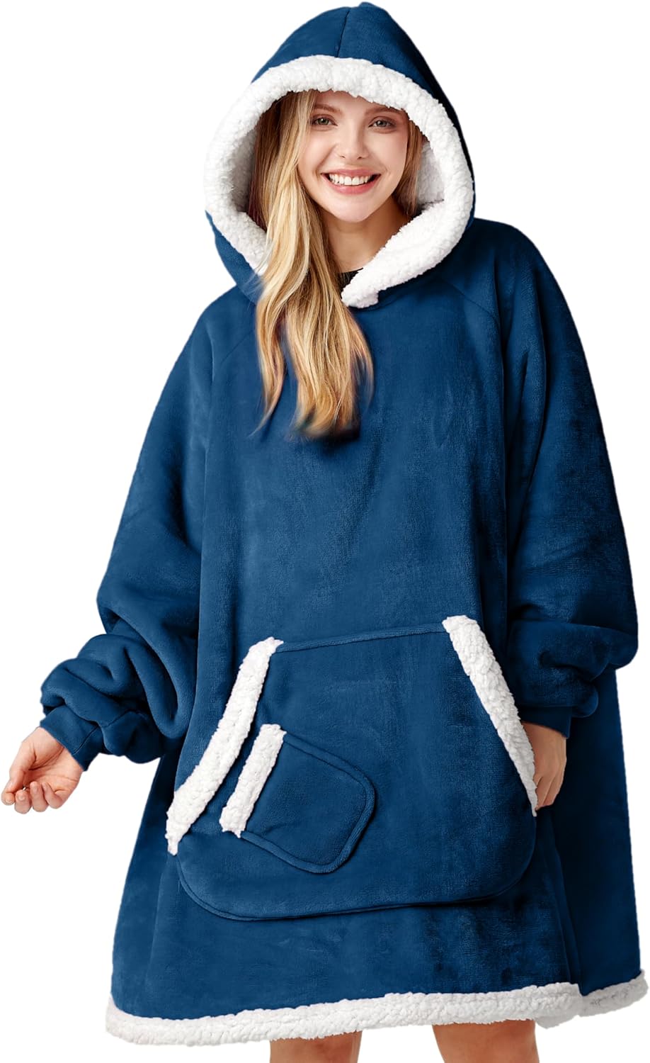 Person wearing a blue hoodie with white trim on a white background