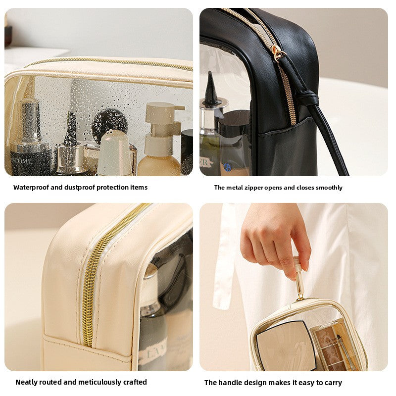 Clear PVC toiletry bag close-up transparent material quality zipper detail