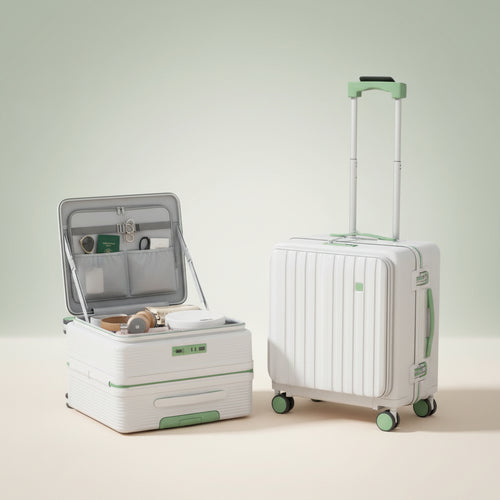 AeroVault Smart Carry-On luggage featuring cup holder and phone stand