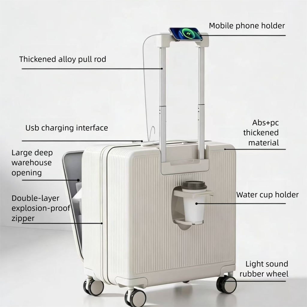 AeroVault Smart Carry-On rolling smoothly through an airport terminal