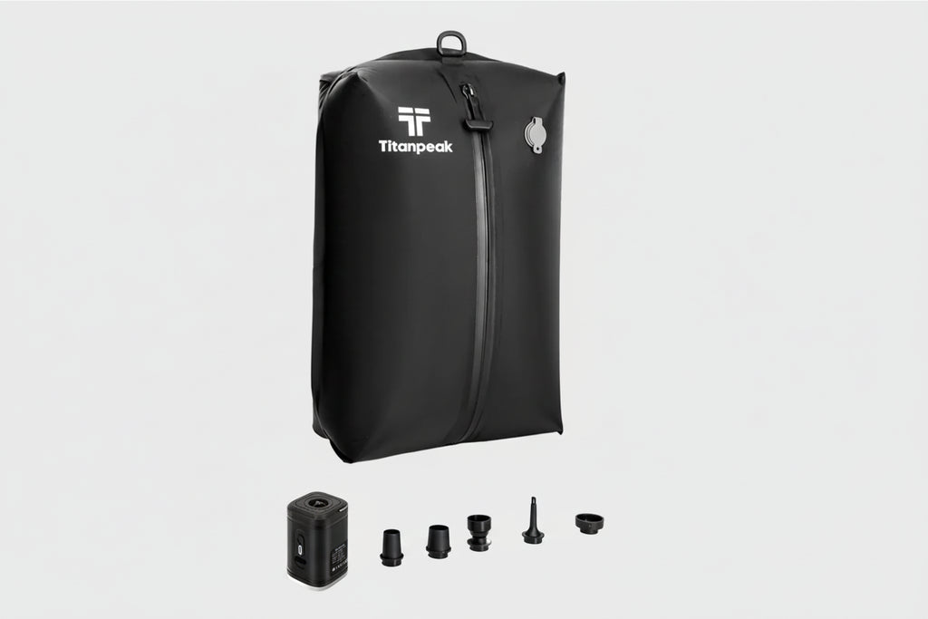 Black backpack with Titanpeak logo and accessories on a white background