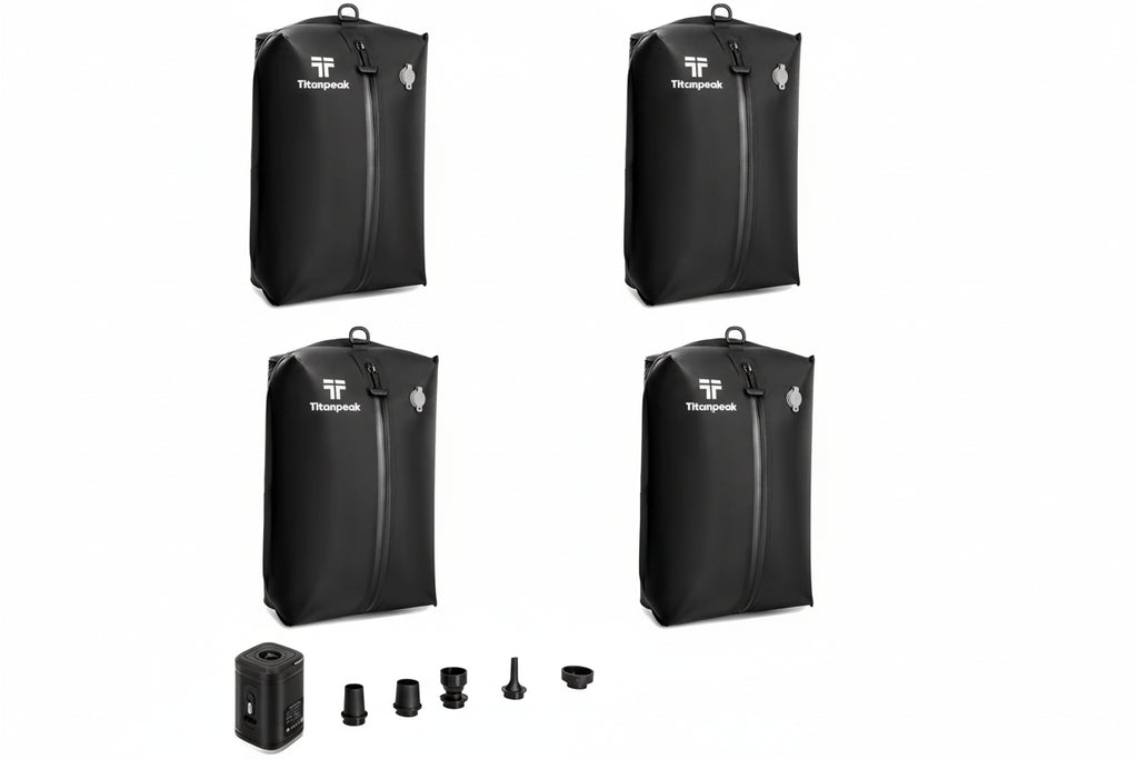 Set of black Titanpeak bags with a handheld device and additional components on a white background
