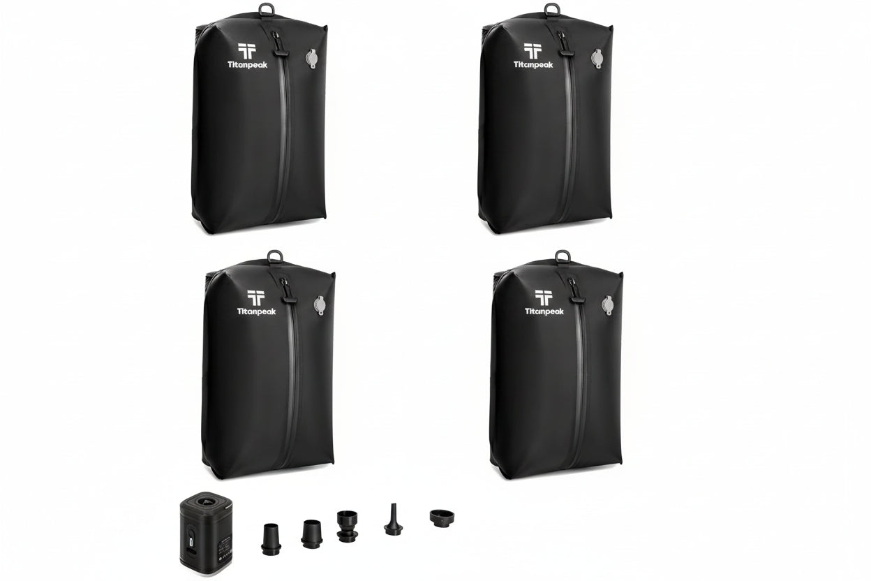 Set of black Titanpeak bags with a handheld device and additional components on a white background