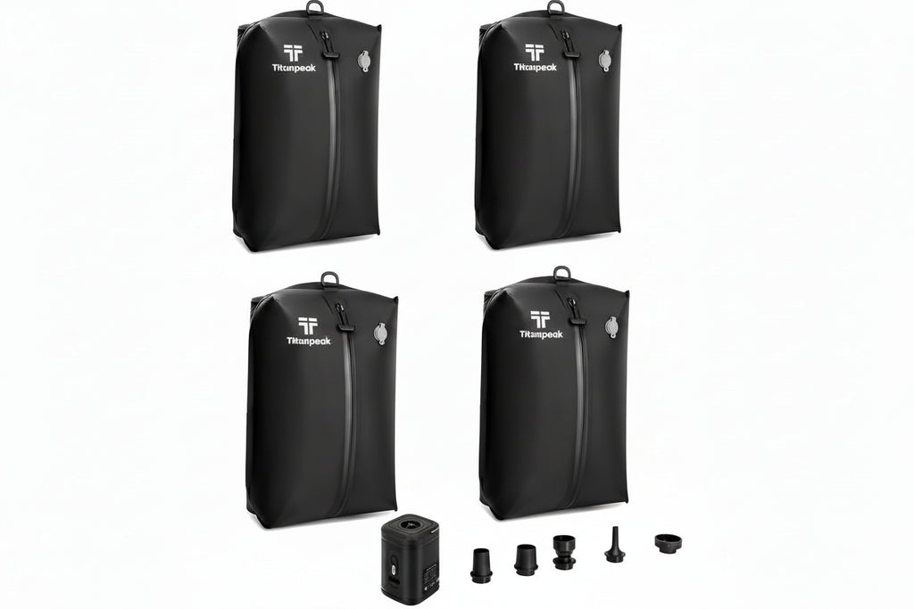 Set of four black expandable bags with Titanpeak logo and a hand holding a device with multiple nozzles on a white background.