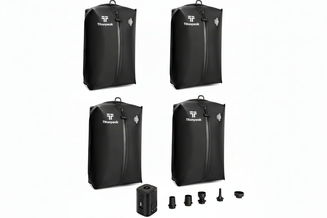 Set of four black expandable bags with Titanpeak logo and a hand holding a device with multiple nozzles on a white background.