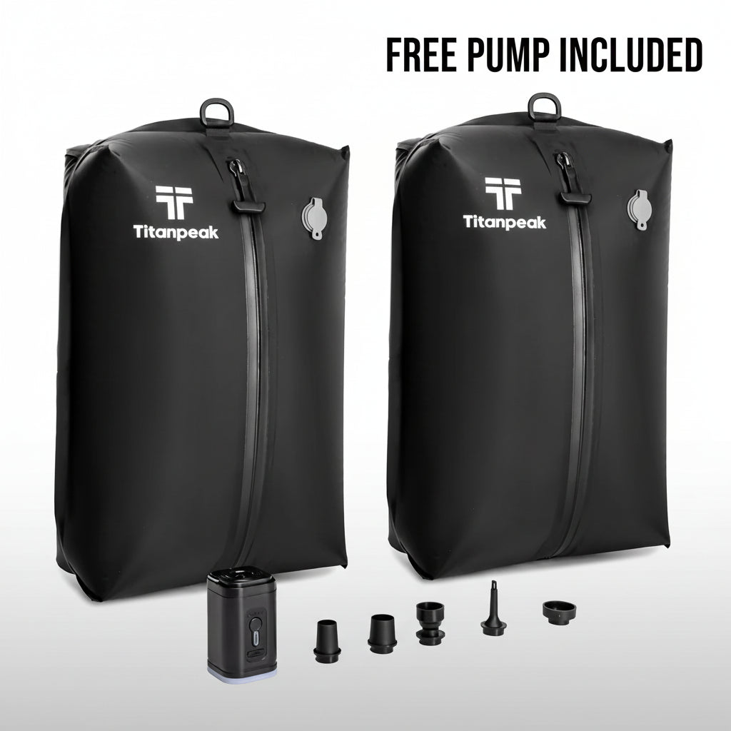 Two black bags with Titanpeak logo and additional components on a white background