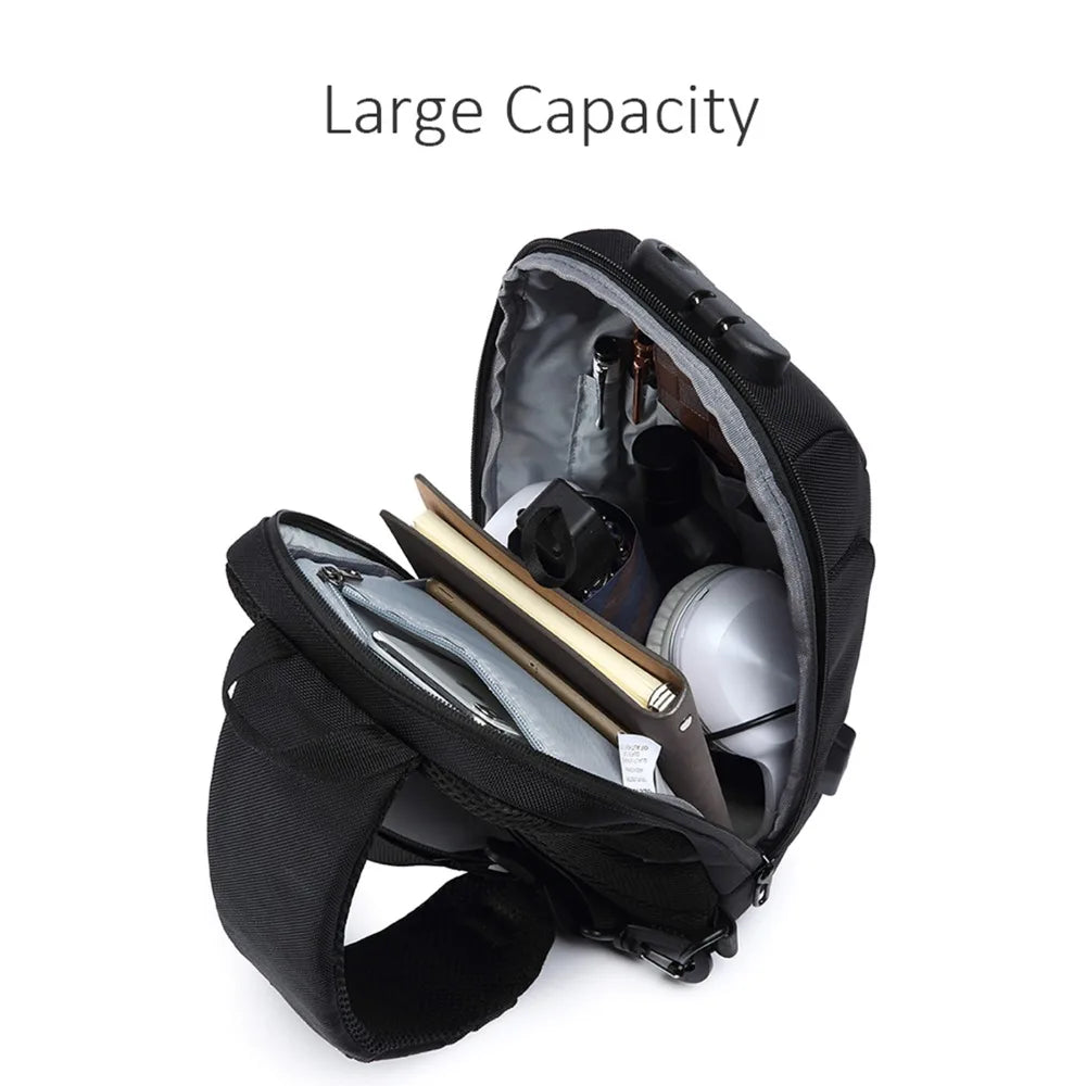 Black backpack with large capacity, showing interior with items on a white background.