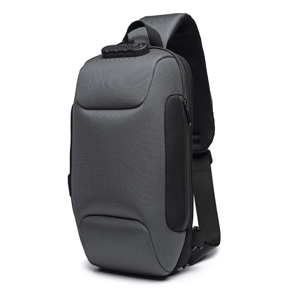 Gray backpack with a black strap on a white background