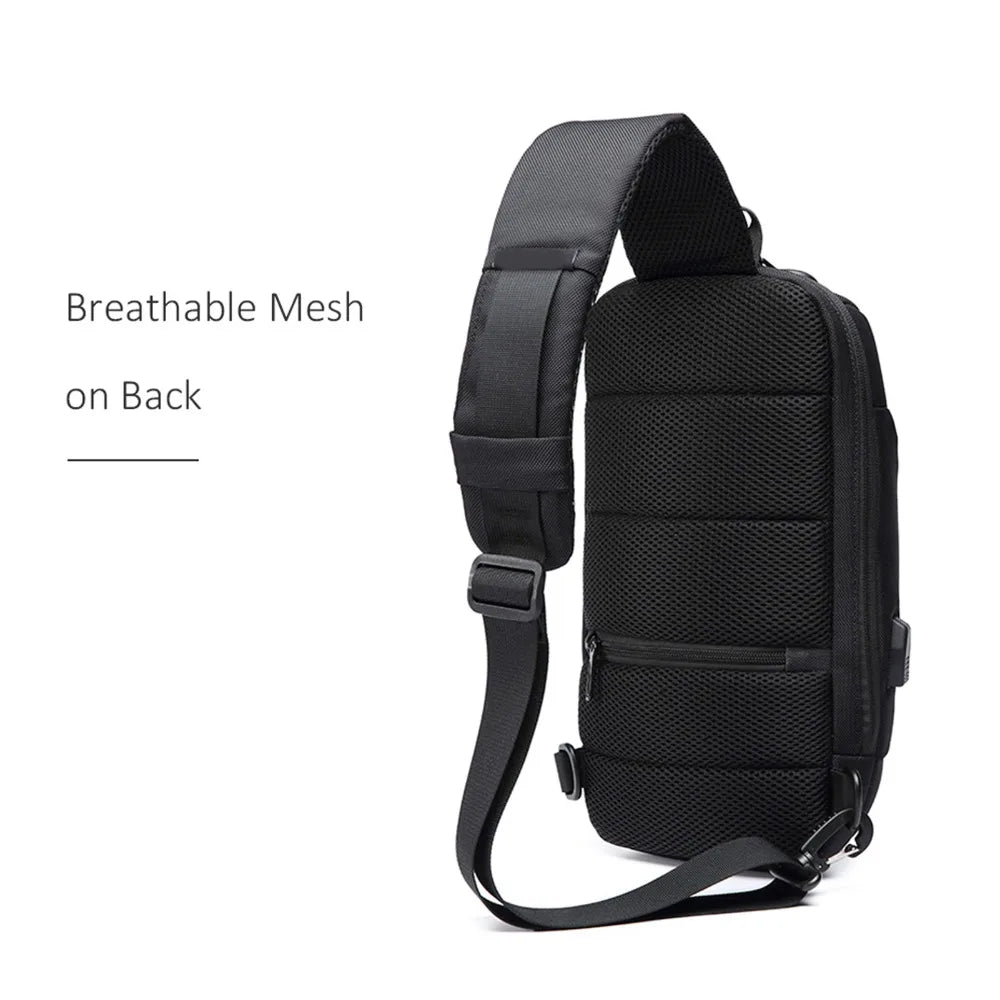 Black backpack with breathable mesh on back on a white background