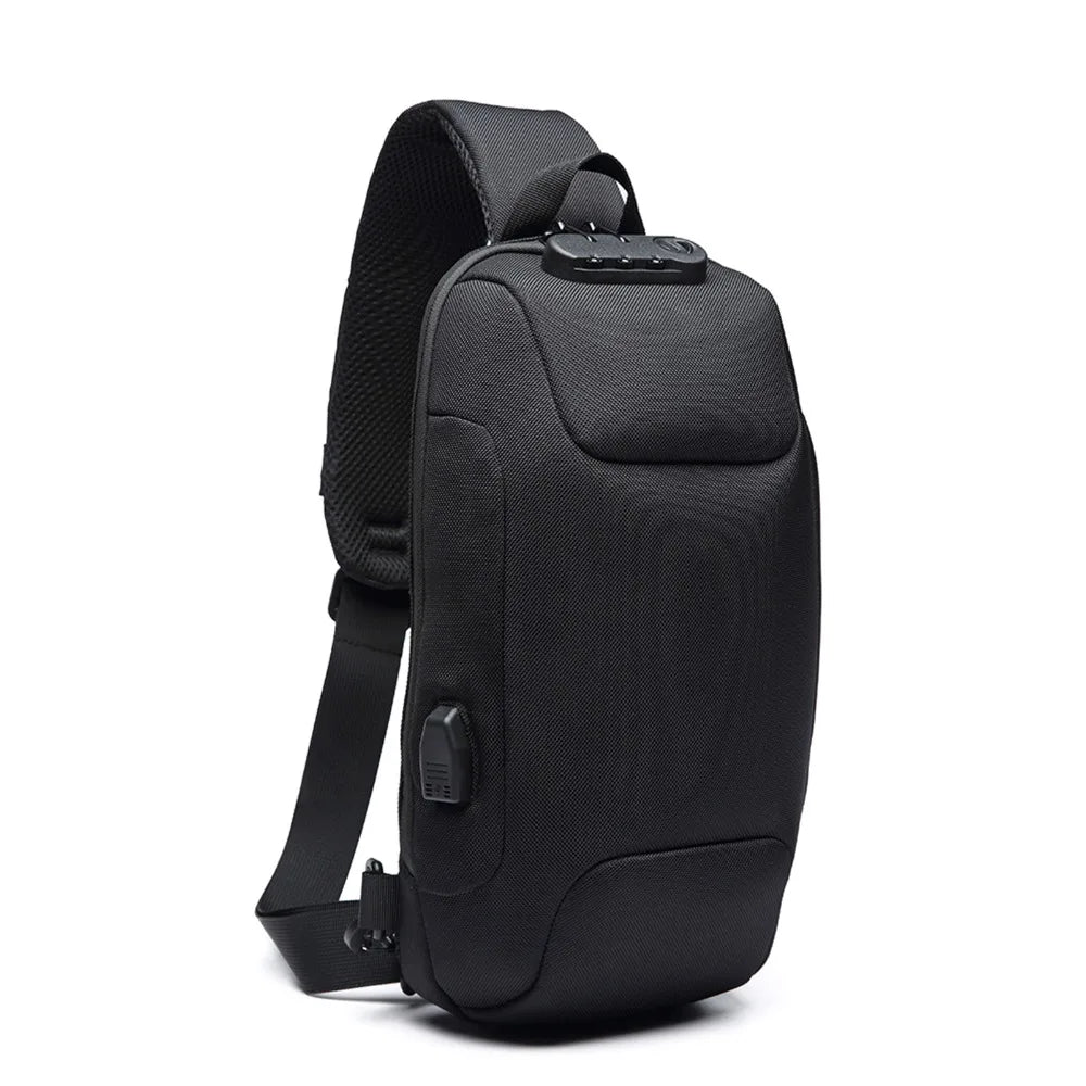 Black sling bag with USB port on a white background Anti-Theft Travel Crossbody Bag