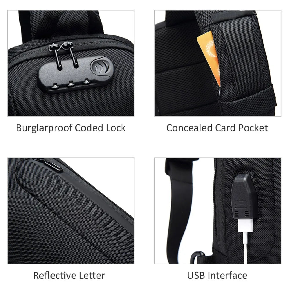 Black backpack with burglarproof coded lock, concealed card pocket, reflective letter, and USB interface.