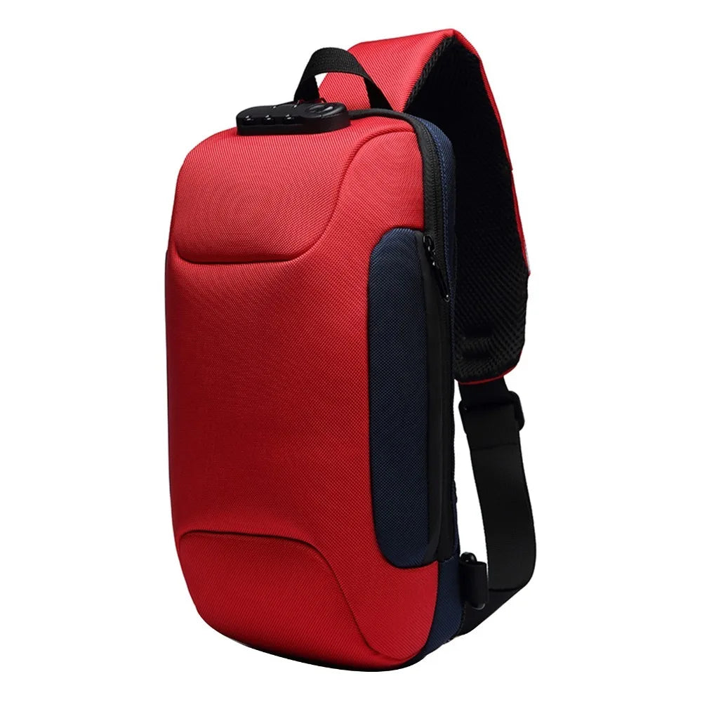 Red backpack with black accents on a white background