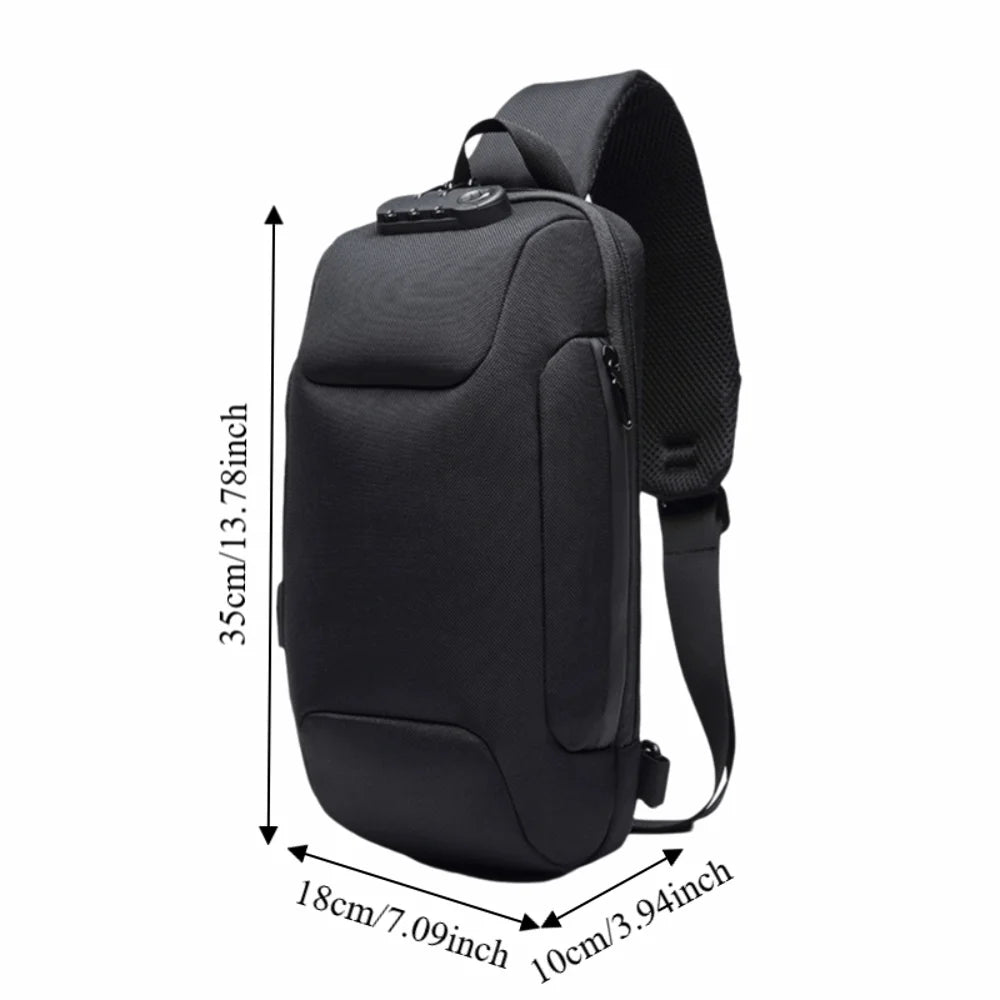 Black sling bag with measurements on a white background