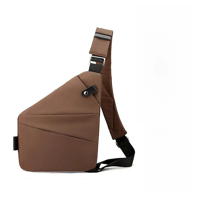 Brown sling bag with black straps on a white background