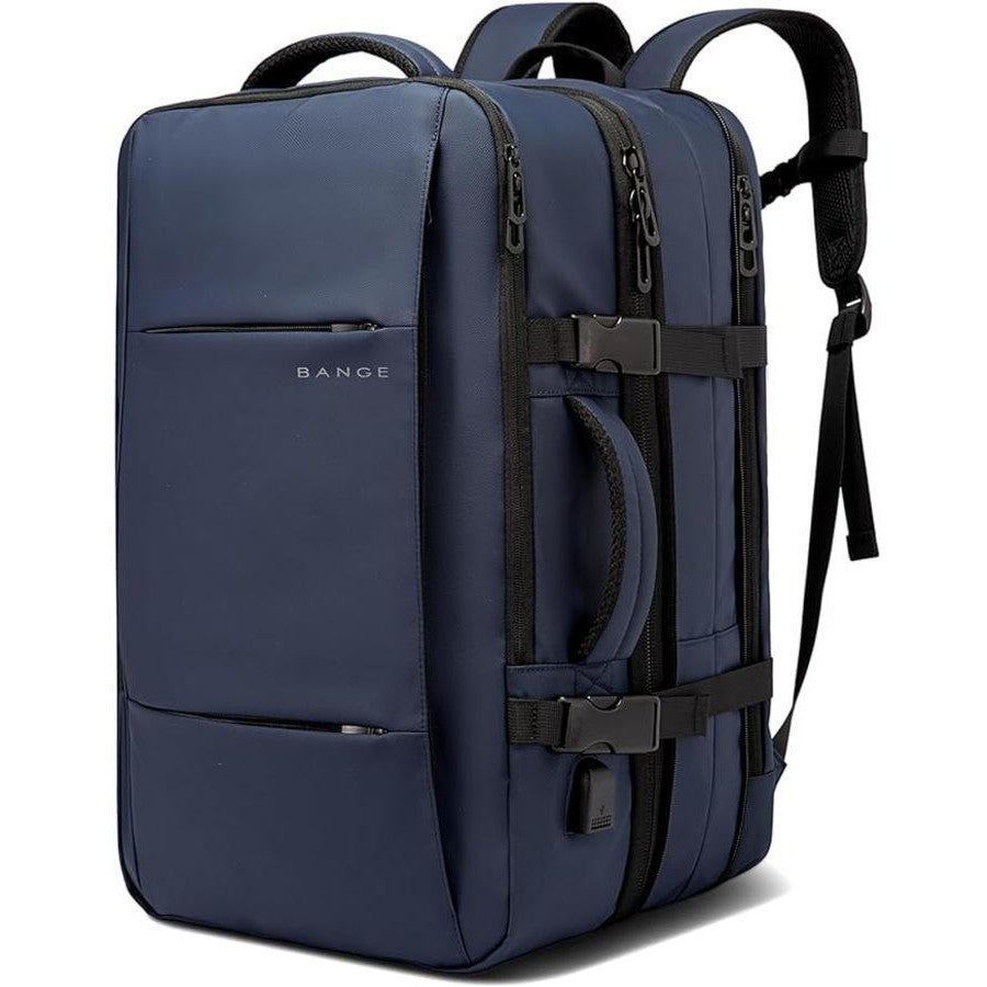 Product Image in angle show front and side view BANGE Backpack Blue backpack with black straps on a white background