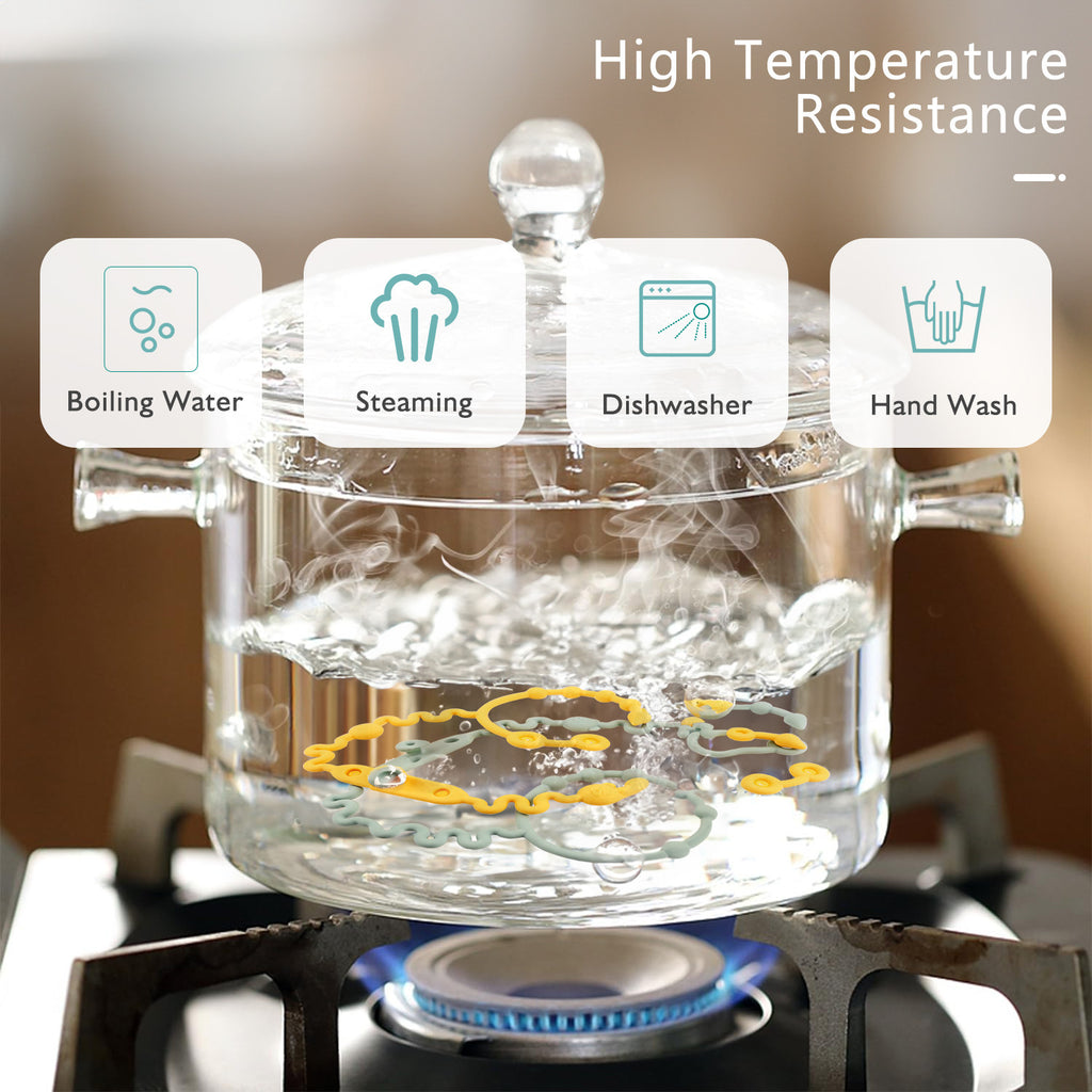 Glass container being tested for high temperature resistance with icons indicating boiling water, steaming, dishwasher, and hand wash.