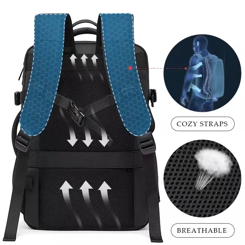 Black backpack with blue straps and text highlighting features on a white background