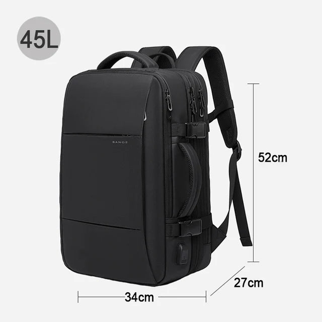 Black backpack with dimensions and capacity label on a white background