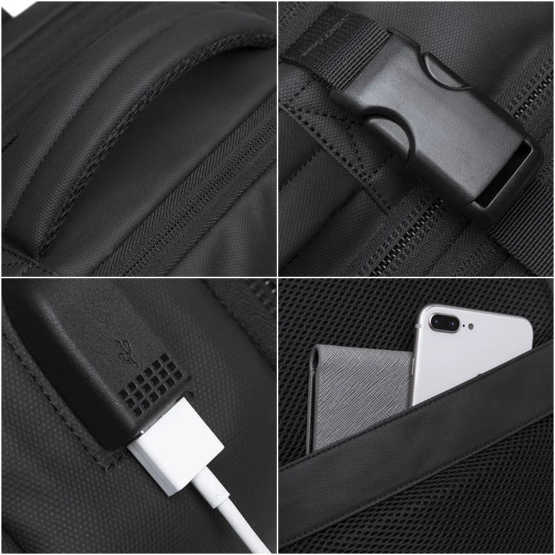 Collage of a black backpack showing various features including a USB port, strap, and phone pocket.