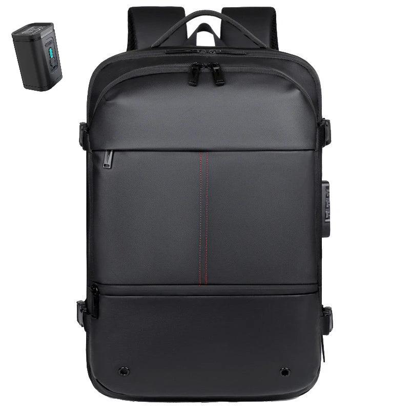 Black backpack with a small black device on a white background Space saving travel backpack compressing clothes for carry-on trips