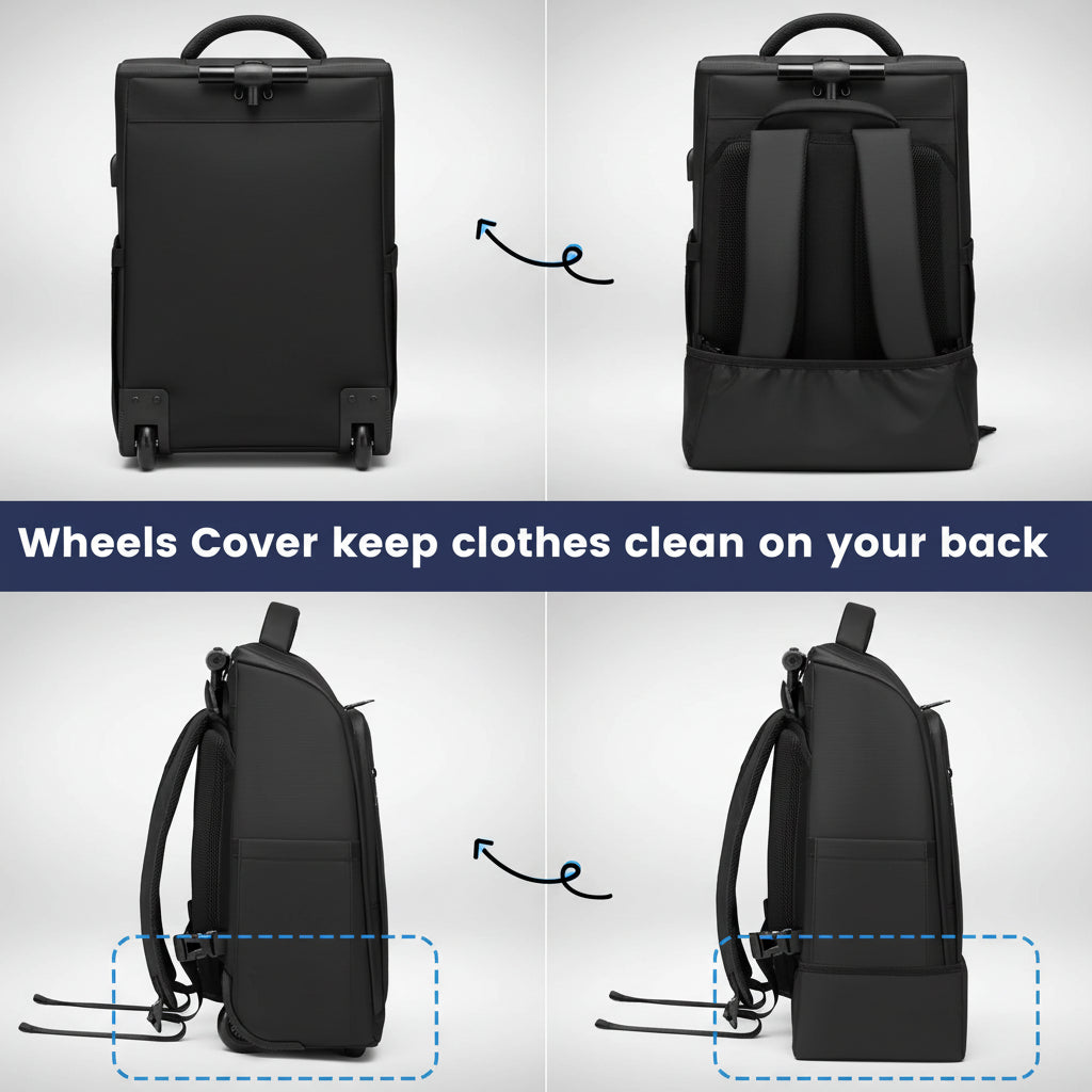 RollTech 2-in-1 rolling backpack back view showing wheel system and carry-on trolley handle