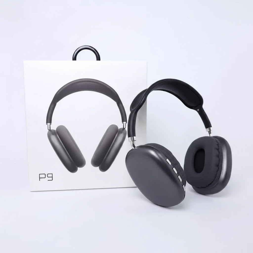 Black over-ear headphones with a box labeled 'P9' on a light gray background