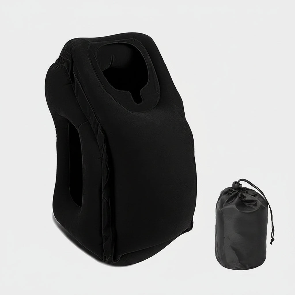 Black travel pillow with dimensions and storage bag on a white background