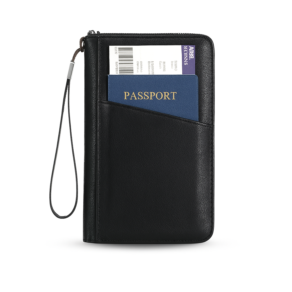 Black travel wallet with a passport and ticket on a white background