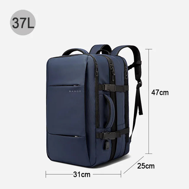 Blue backpack with dimensions and capacity label on a white background
