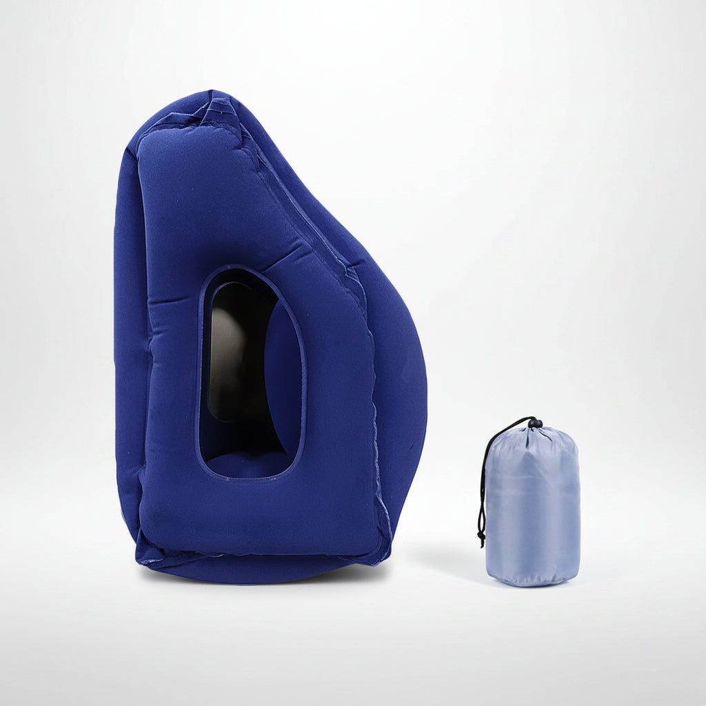 Blue inflatable travel pillow with measurements on a white background