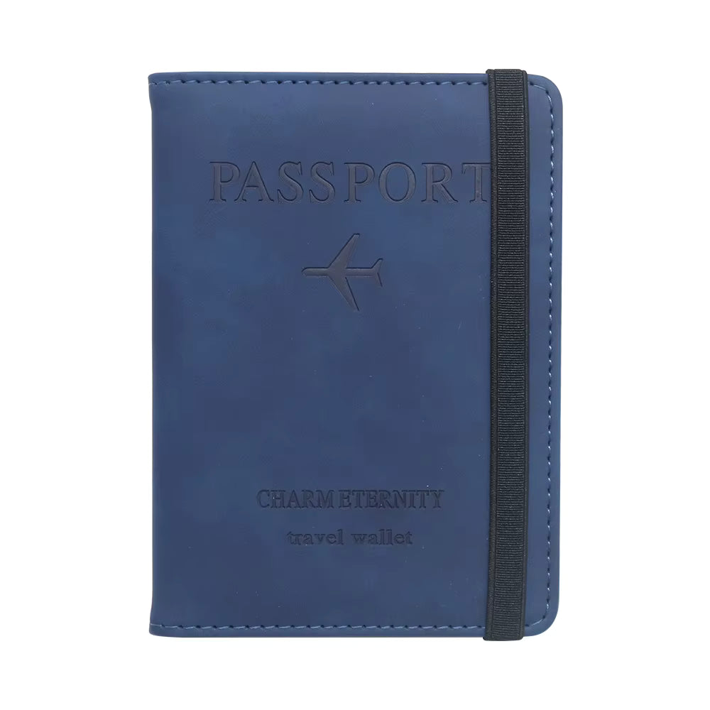Blue passport holder with black strap on a white background