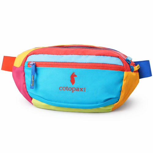 Product image front Colorful waist bag with multiple colors and a visible brand logo on a white background