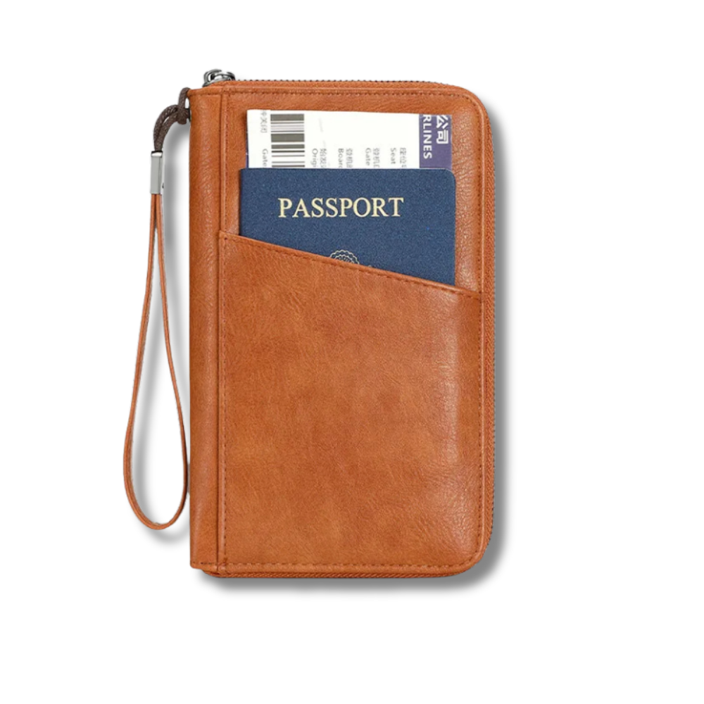 Brown leather travel wallet with a passport and ticket inside on a white background