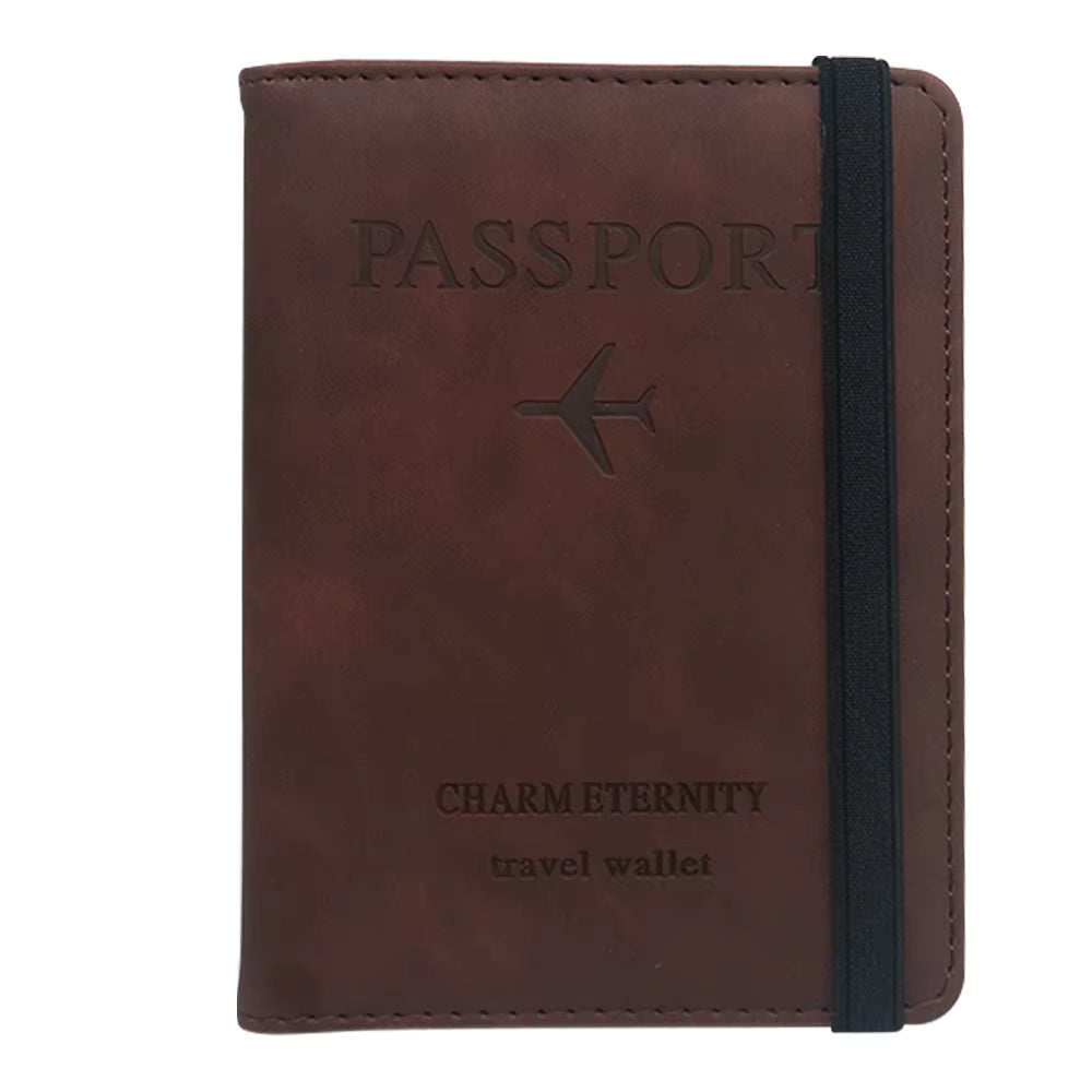 Brown travel wallet with 'PASSPORT' and airplane icon, branded 'Charm Eternity'.