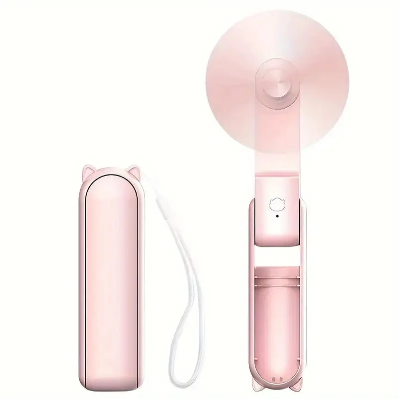 Pink handheld fan with carrying case on a white background view fron the front