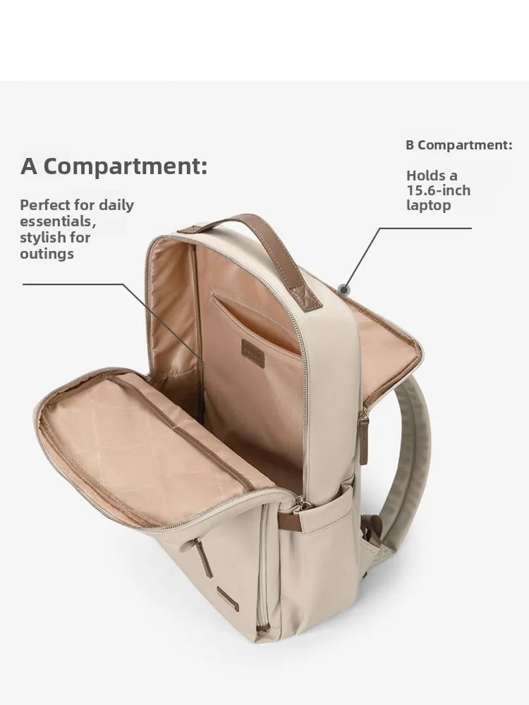 Beige backpack with open compartments on a white background