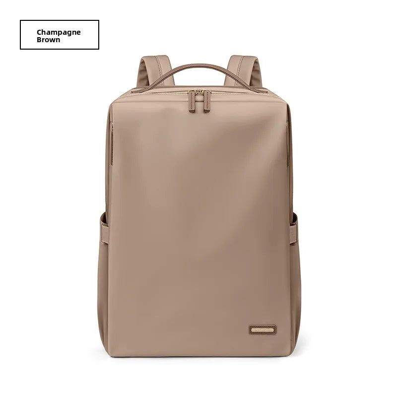 Beige backpack on a white background with 'Champagne Brown' label.
