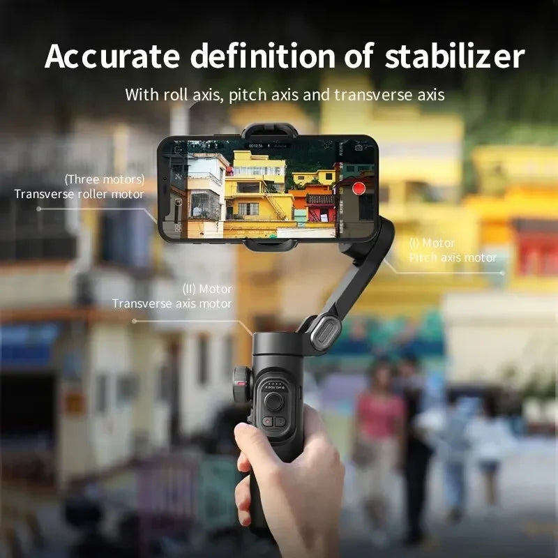 Product image showing Handheld camera stabilizer with smartphone attachment, showing technical details on a blurred street background. Close-up of FocusFlow AI tracking camera system showing stabilisation motors