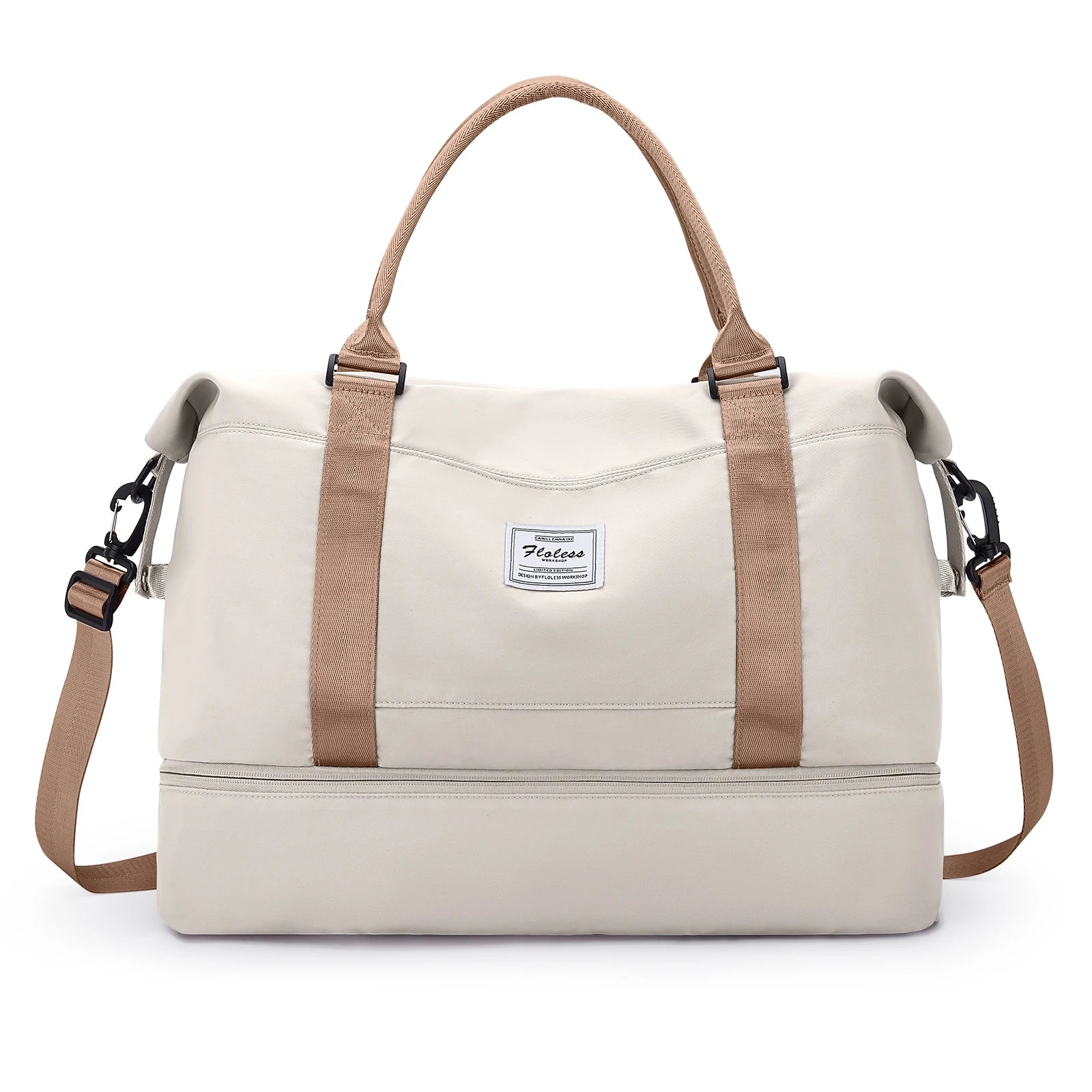 Front View of CoastFly™ Duffel Beige duffel bag with brown straps on a white background