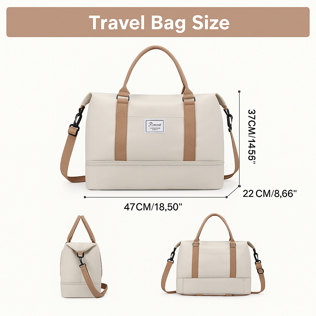 Beige travel bag with brown straps and dimensions displayed on a white background